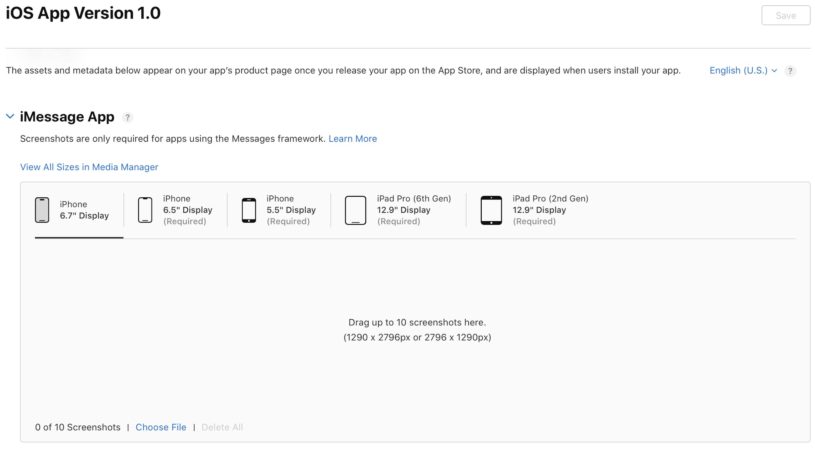 Screenshot of iMessage App section in the app platform detail page, which has a screenshot well. This is where users can upload screenshots for different device displays.
