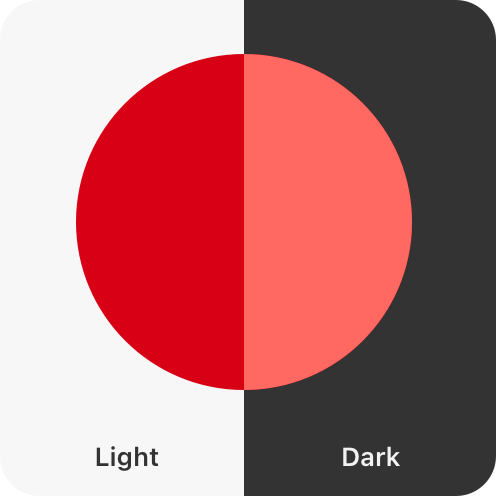 The default `systemRed` color appears nearly identical in light or dark modes, but the increased contrast variants change to render darker on the light background, and lighter on the dark background.