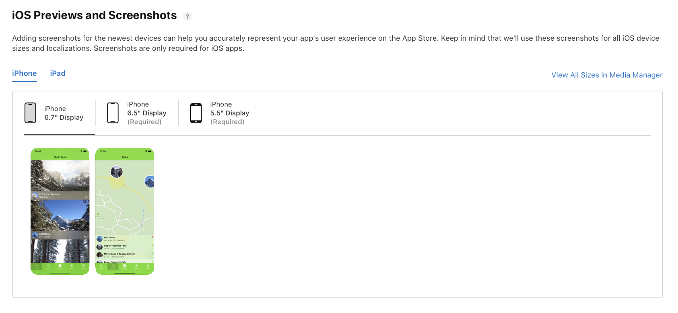 iOS 平台详情页面中“App 预览和截屏”部分的截屏。