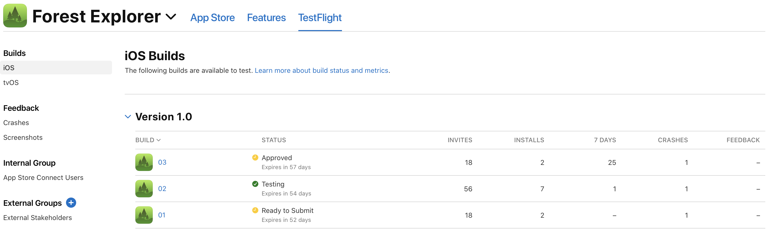 Screenshot of the TestFlight tab. There’s a list of builds under Version 1.0. Each build has a clickable icon and build strings.